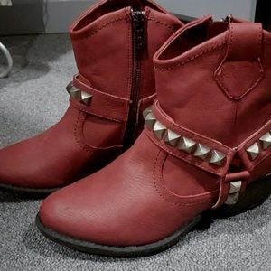 Red fx leather studded strap cowboy ankle boots
